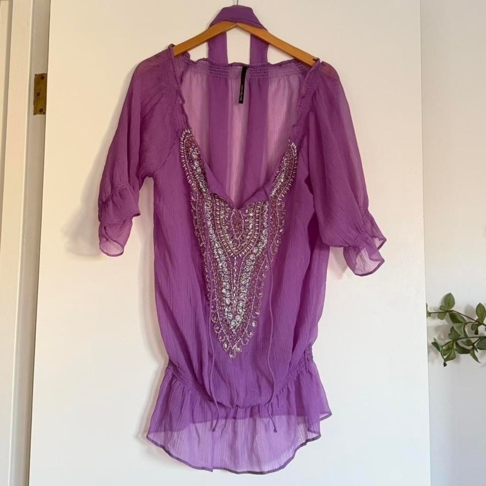 Kay Celine Purple Beaded Sheer Boho Tunic Top Y2K Fairycore
